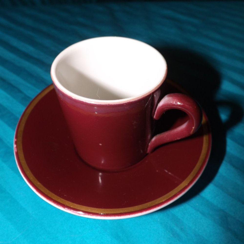 Vintage Mayer China Demitassi, Espresso, tea cup & saucer set 157, 457 maroon